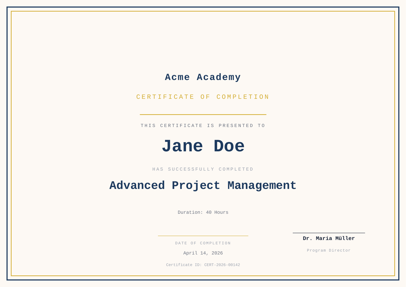 Course Completion Certificate template preview