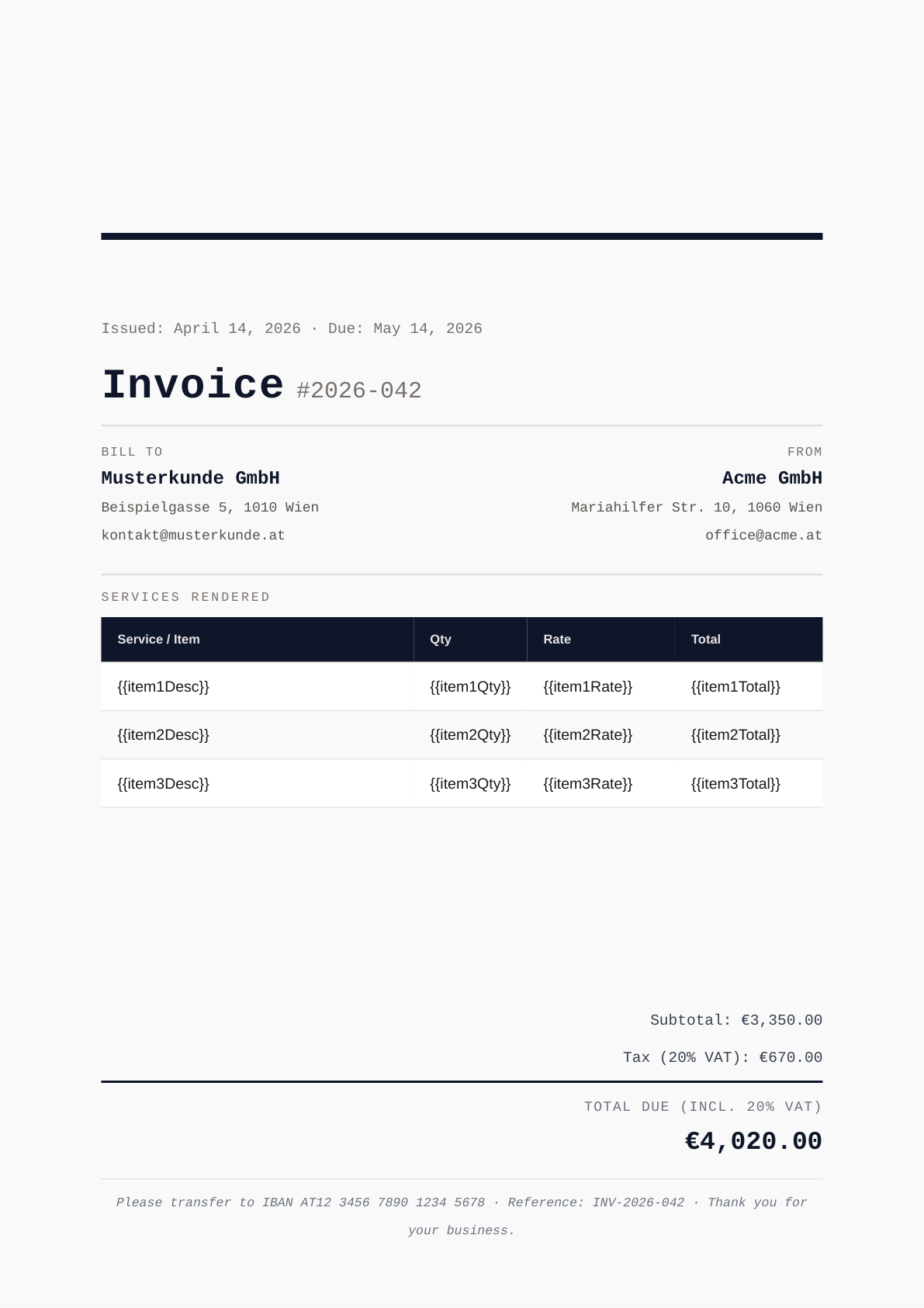 Invoice – Elegant Minimal (Serif) template preview